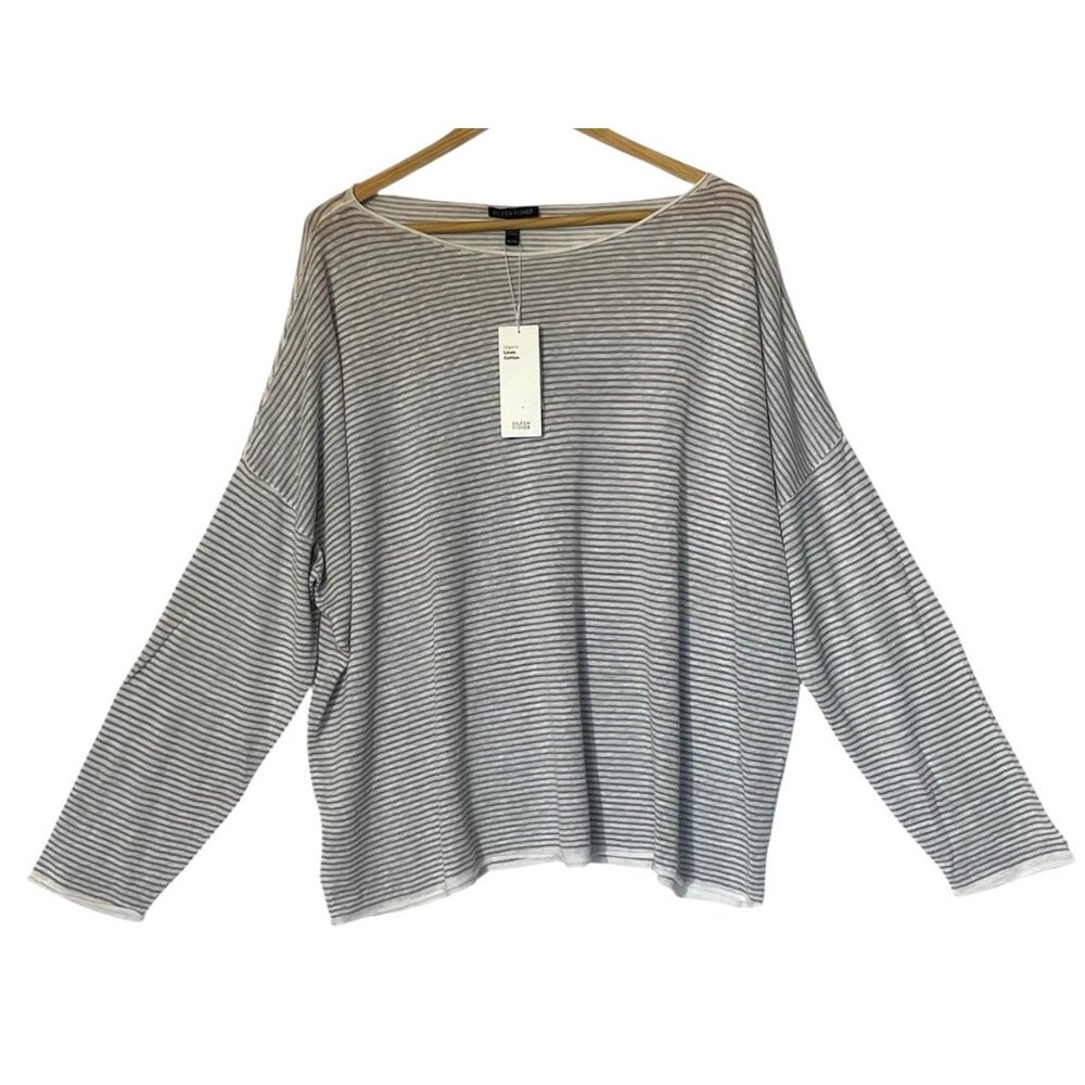 New Eileen Fisher Dove White Gray Stripe Long Sleeve Organic Linen Cotton Top - Picture 2 of 7